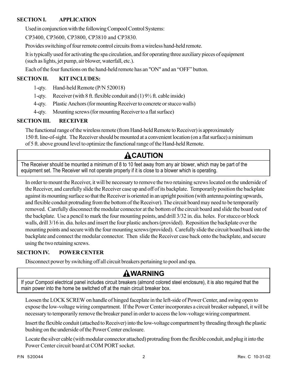 Caution, Warning | Pentair EasyTouch EZ3400 User Manual | Page 2 / 8