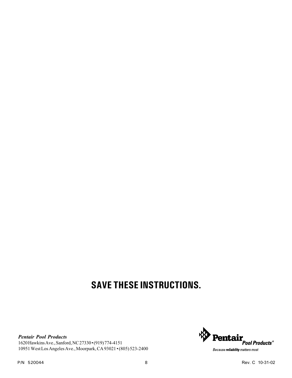 Save these instructions | Pentair EasyTouch EZ3400 User Manual | Page 8 / 8
