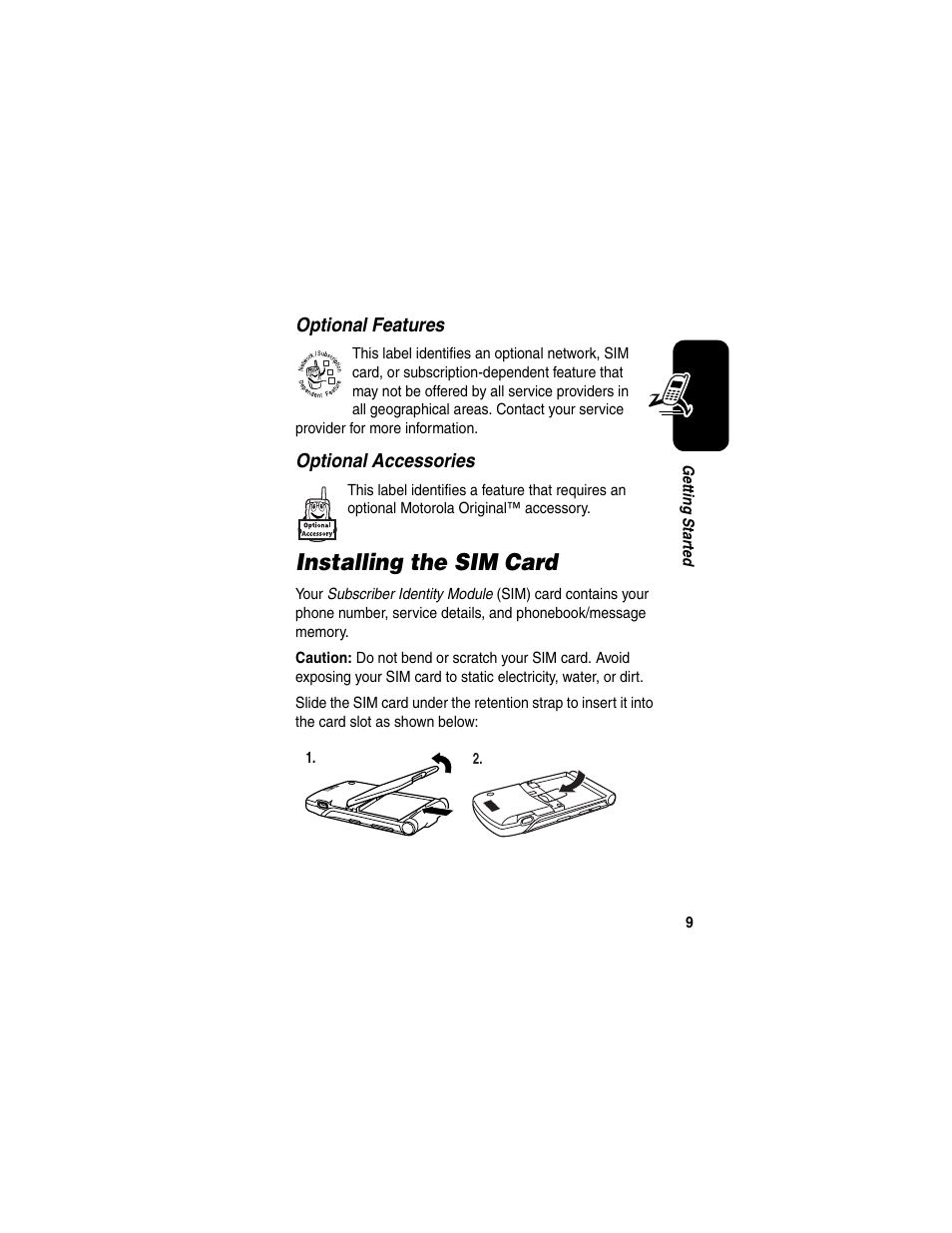 Installing the sim card | Motorola RAZR V3 User Manual | Page 11 / 110