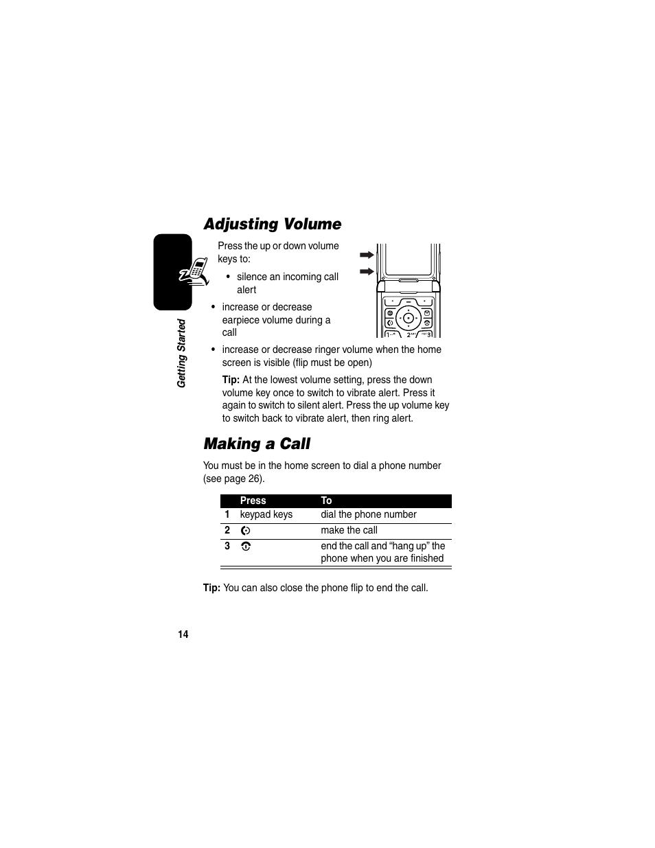 Adjusting volume, Making a call, Adjusting volume making a call | Motorola RAZR V3 User Manual | Page 16 / 110