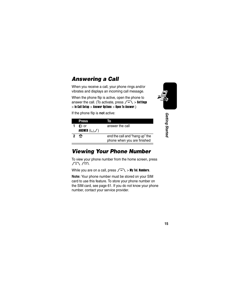 Answering a call, Viewing your phone number, Answering a call viewing your phone number | Motorola RAZR V3 User Manual | Page 17 / 110