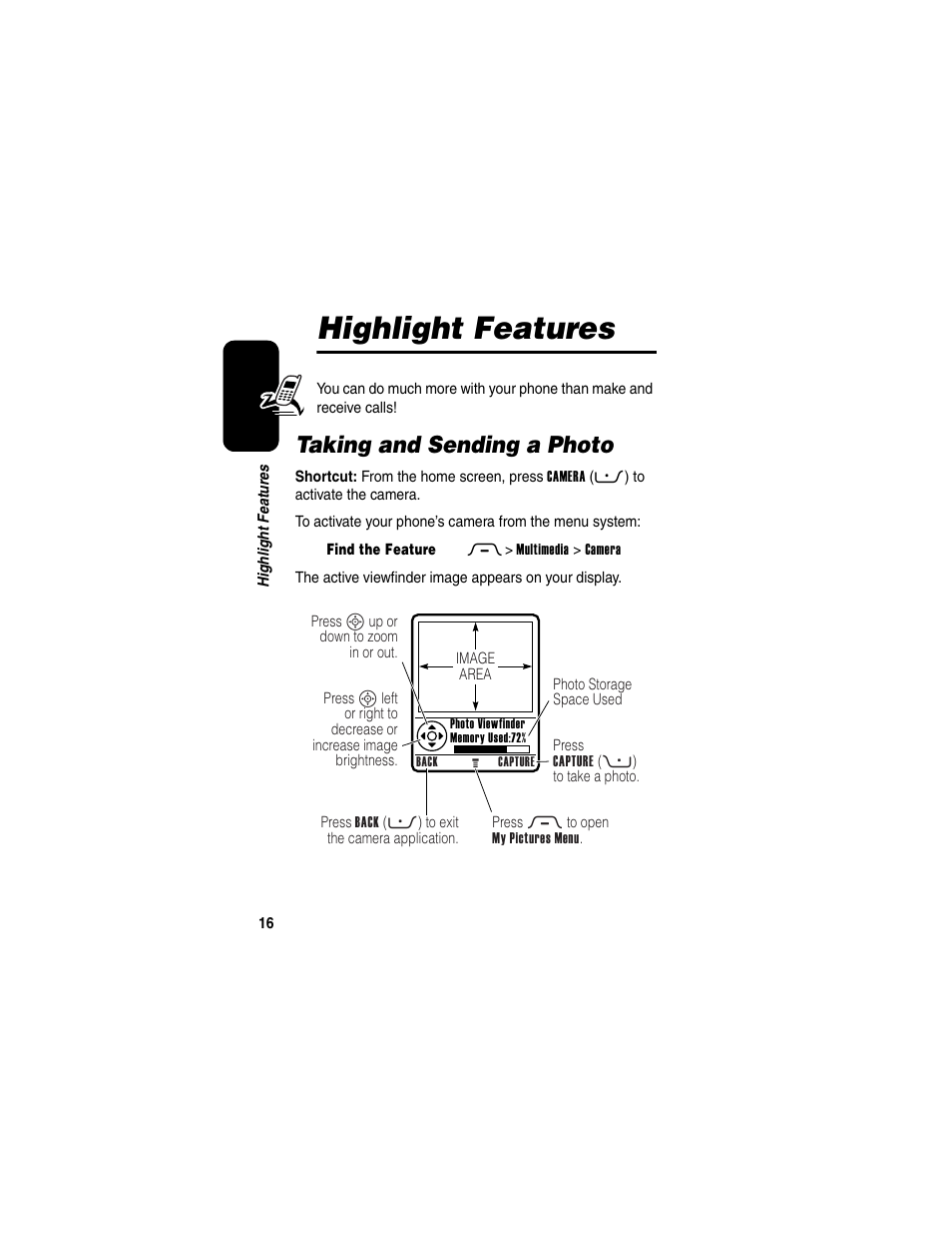 Highlight features, Taking and sending a photo | Motorola RAZR V3 User Manual | Page 18 / 110