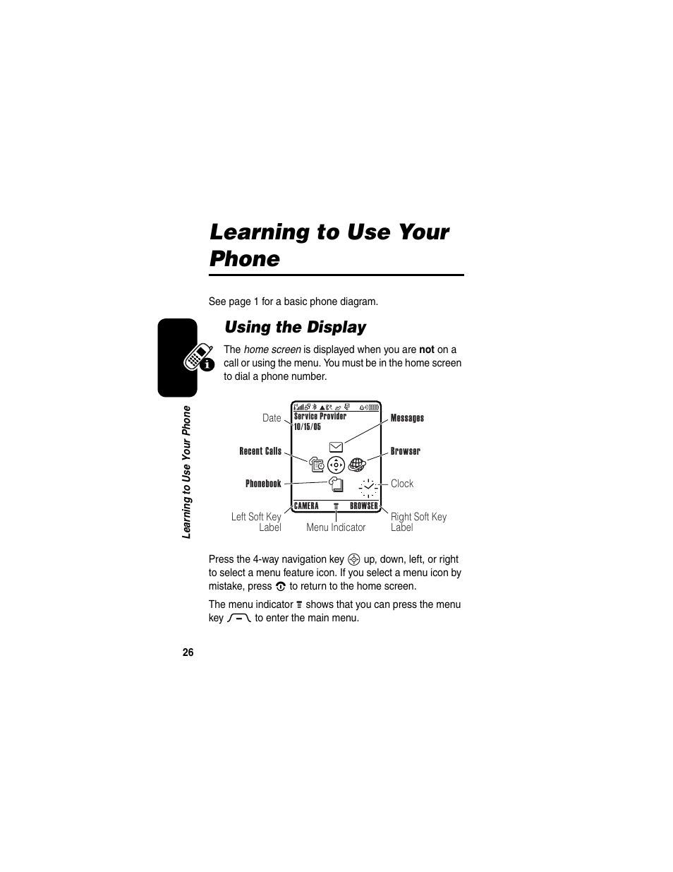 Learning to use your phone, Using the display | Motorola RAZR V3 User Manual | Page 28 / 110