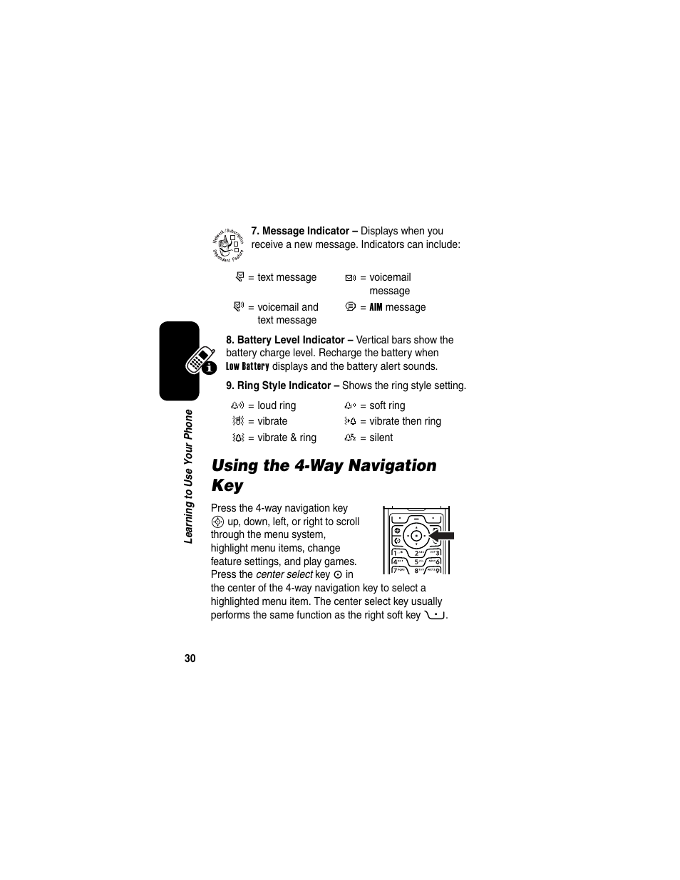 Using the 4-way navigation key | Motorola RAZR V3 User Manual | Page 32 / 110