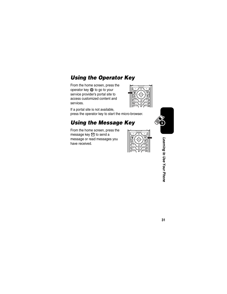 Using the operator key, Using the message key, Using the operator key using the message key | Motorola RAZR V3 User Manual | Page 33 / 110