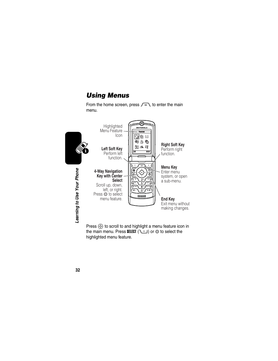 Using menus | Motorola RAZR V3 User Manual | Page 34 / 110