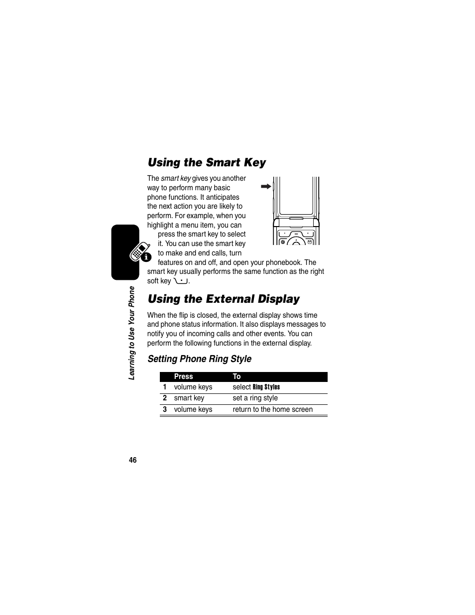 Using the smart key, Using the external display, Using the smart key using the external display | Motorola RAZR V3 User Manual | Page 48 / 110