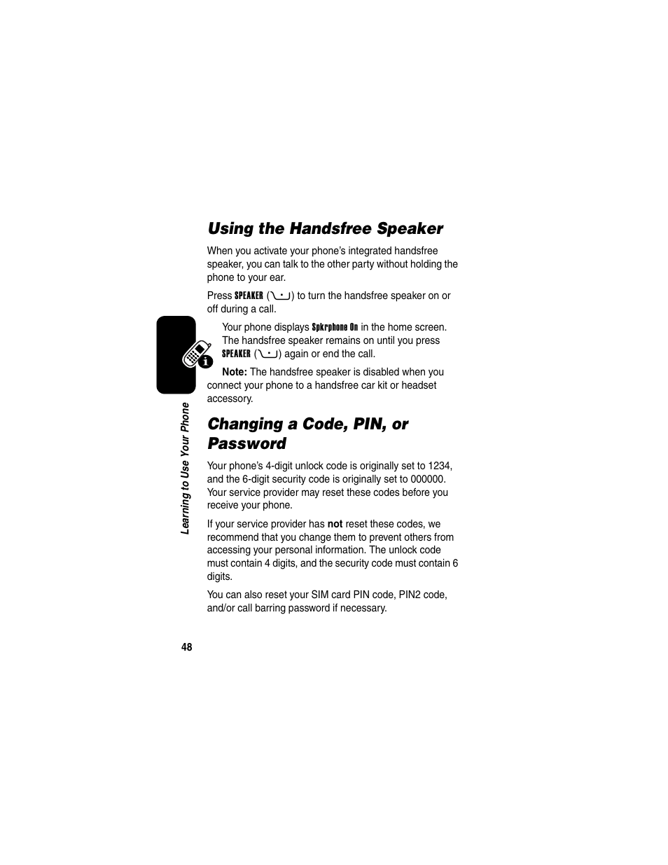 Using the handsfree speaker, Changing a code, pin, or password | Motorola RAZR V3 User Manual | Page 50 / 110