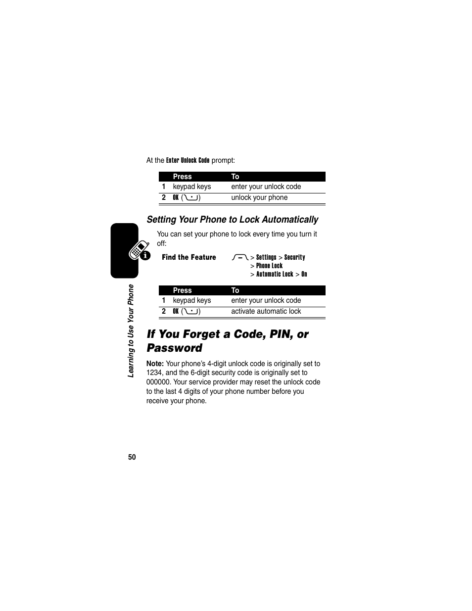 If you forget a code, pin, or password | Motorola RAZR V3 User Manual | Page 52 / 110