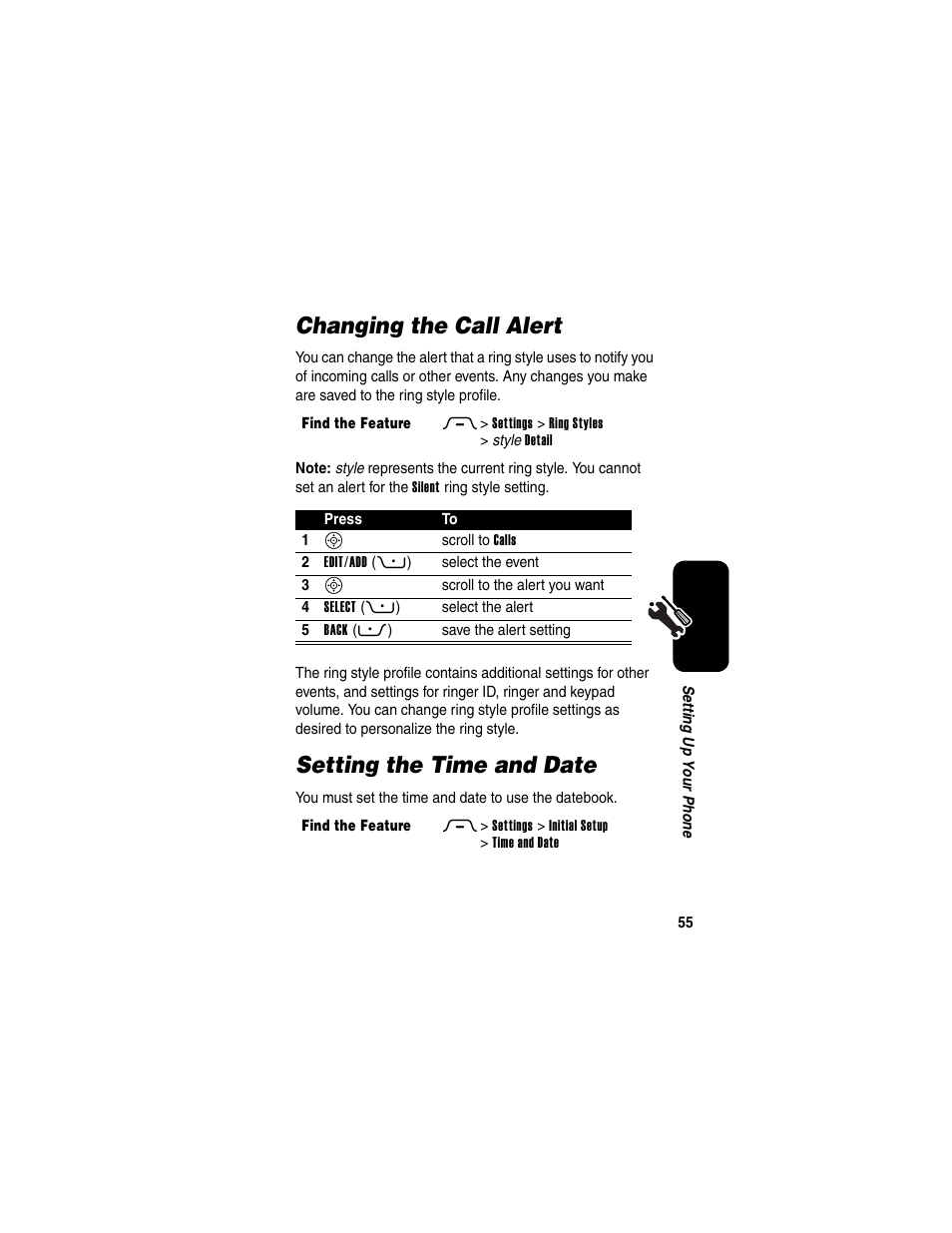 Changing the call alert, Setting the time and date, Changing the call alert setting the time and date | Motorola RAZR V3 User Manual | Page 57 / 110