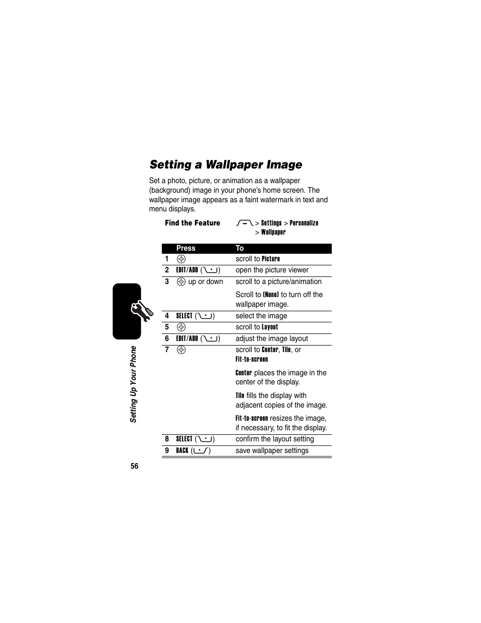 Setting a wallpaper image | Motorola RAZR V3 User Manual | Page 58 / 110