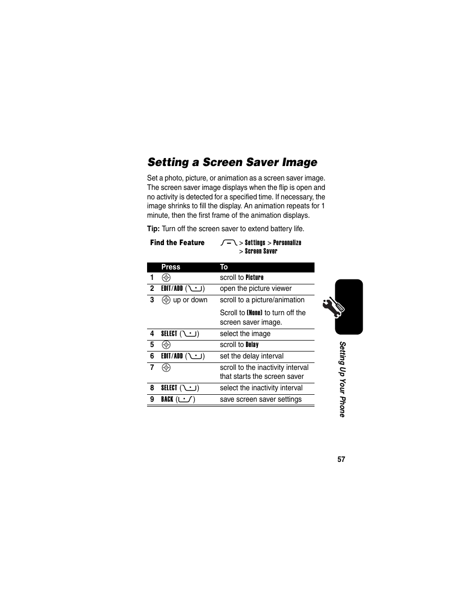 Setting a screen saver image | Motorola RAZR V3 User Manual | Page 59 / 110