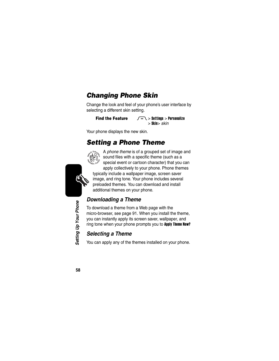 Changing phone skin, Setting a phone theme, Changing phone skin setting a phone theme | Motorola RAZR V3 User Manual | Page 60 / 110