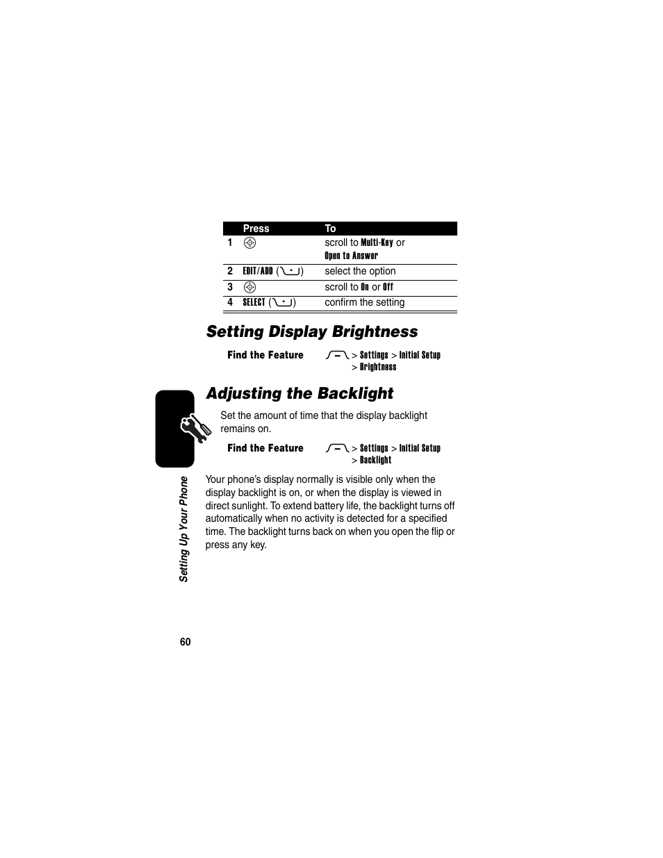 Setting display brightness, Adjusting the backlight, Setting display brightness adjusting the backlight | Motorola RAZR V3 User Manual | Page 62 / 110