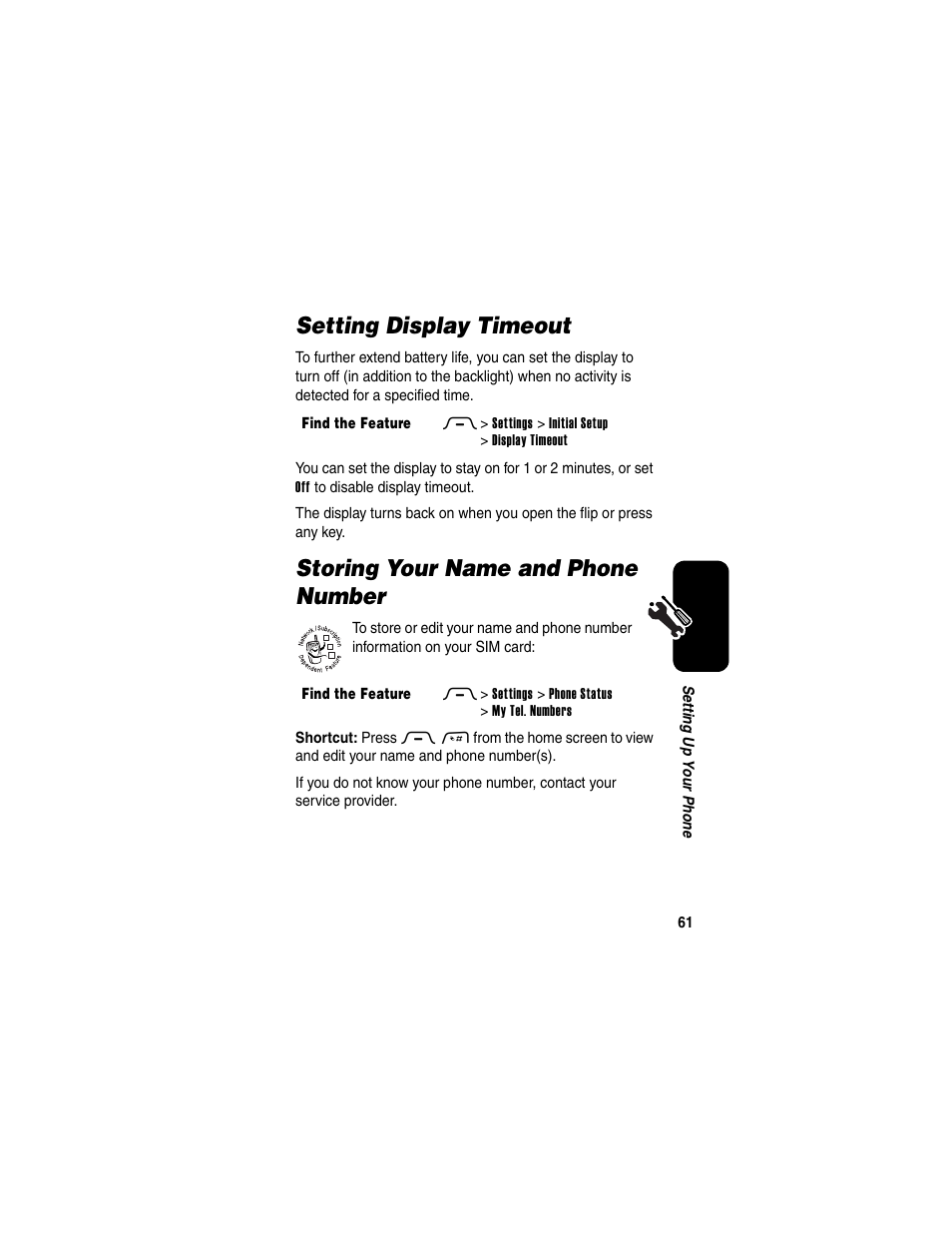 Setting display timeout, Storing your name and phone number | Motorola RAZR V3 User Manual | Page 63 / 110