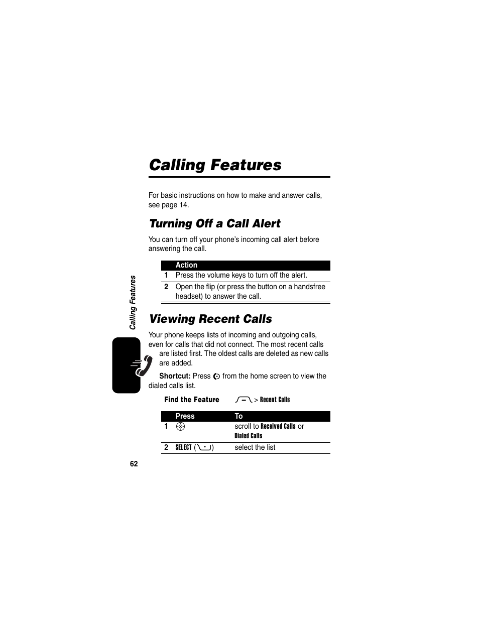 Calling features, Turning off a call alert, Viewing recent calls | Turning off a call alert viewing recent calls | Motorola RAZR V3 User Manual | Page 64 / 110