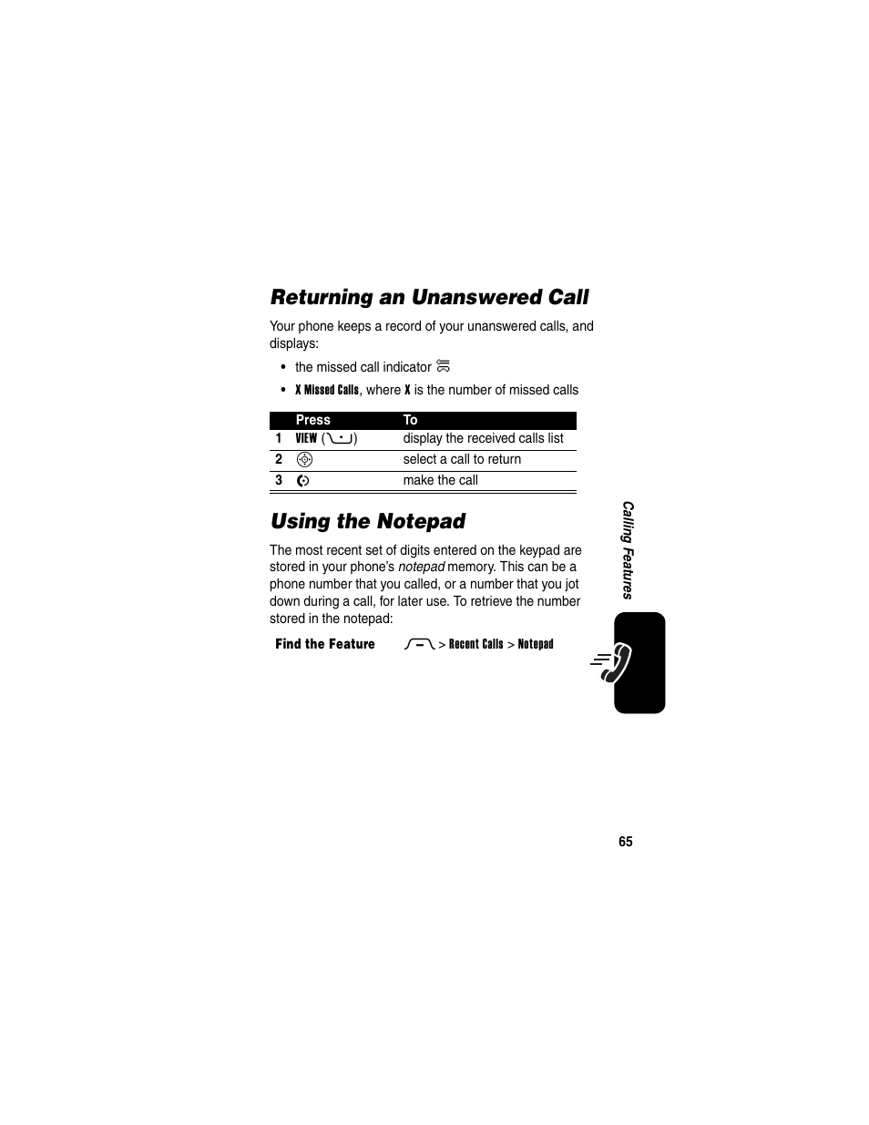 Returning an unanswered call, Using the notepad, Returning an unanswered call using the notepad | Motorola RAZR V3 User Manual | Page 67 / 110