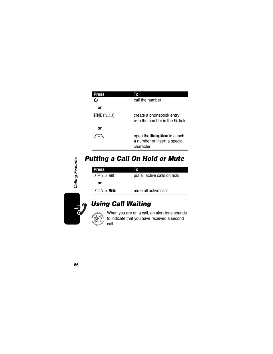 Putting a call on hold or mute, Using call waiting, Putting a call on hold or mute using call waiting | Motorola RAZR V3 User Manual | Page 68 / 110