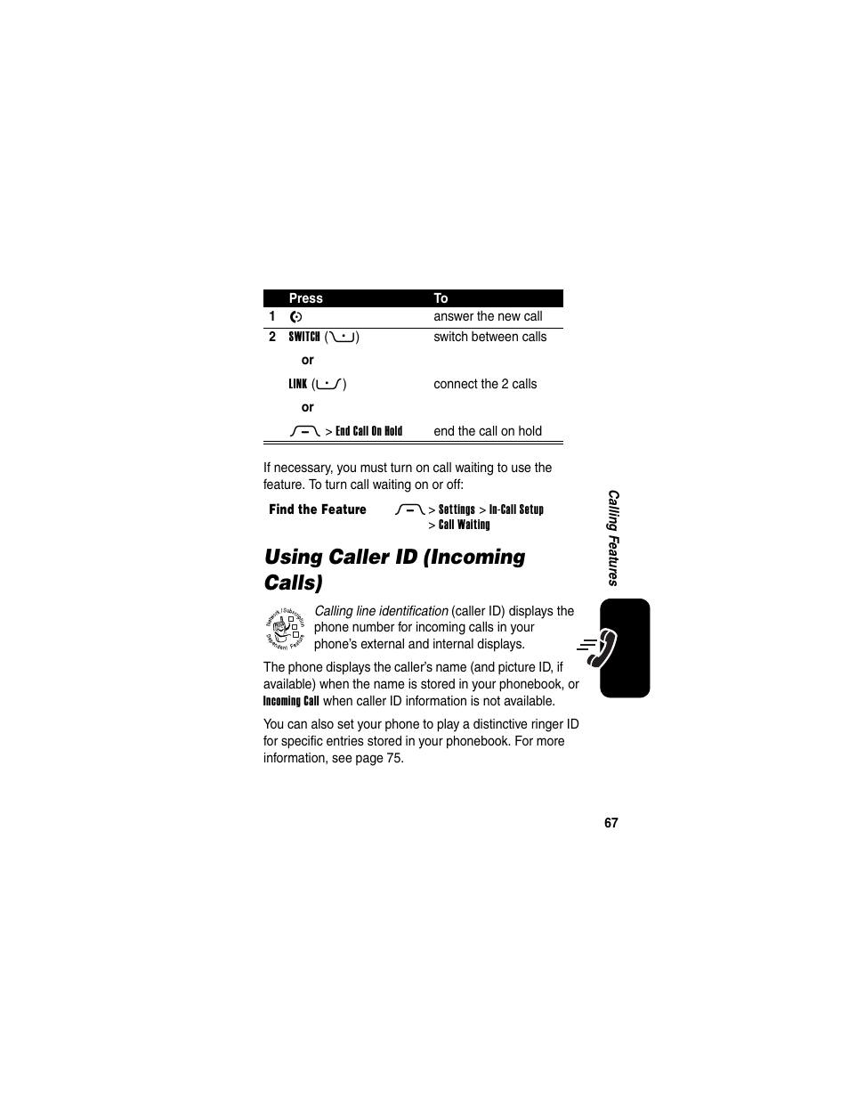 Using caller id (incoming calls) | Motorola RAZR V3 User Manual | Page 69 / 110