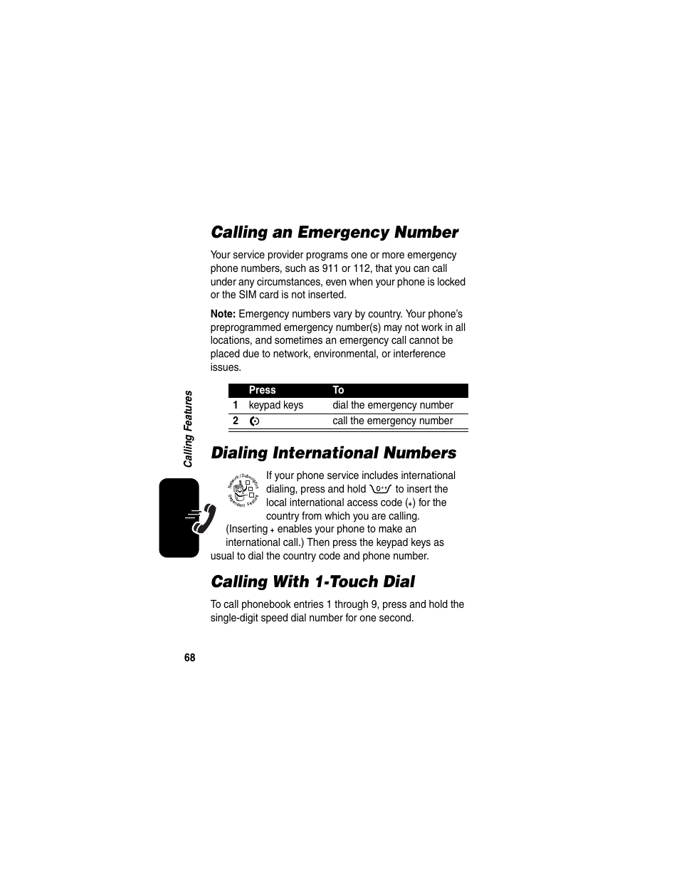 Calling an emergency number, Dialing international numbers, Calling with 1-touch dial | Motorola RAZR V3 User Manual | Page 70 / 110