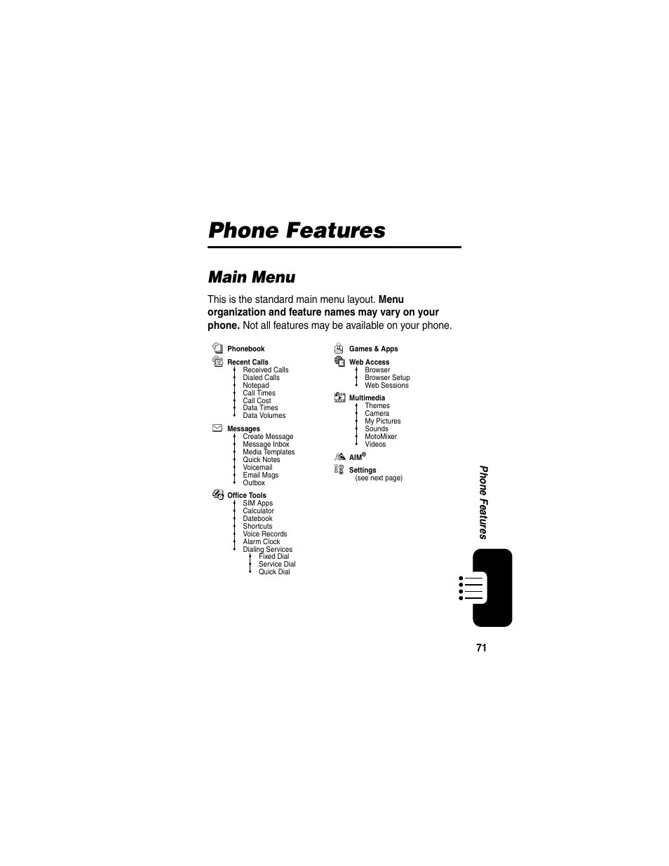 Phone features, Main menu | Motorola RAZR V3 User Manual | Page 73 / 110