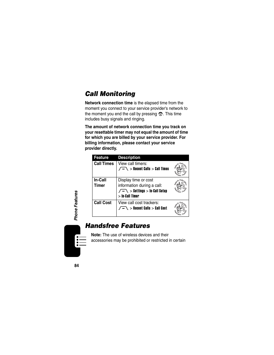 Call monitoring, Handsfree features, Call monitoring handsfree features | Motorola RAZR V3 User Manual | Page 86 / 110