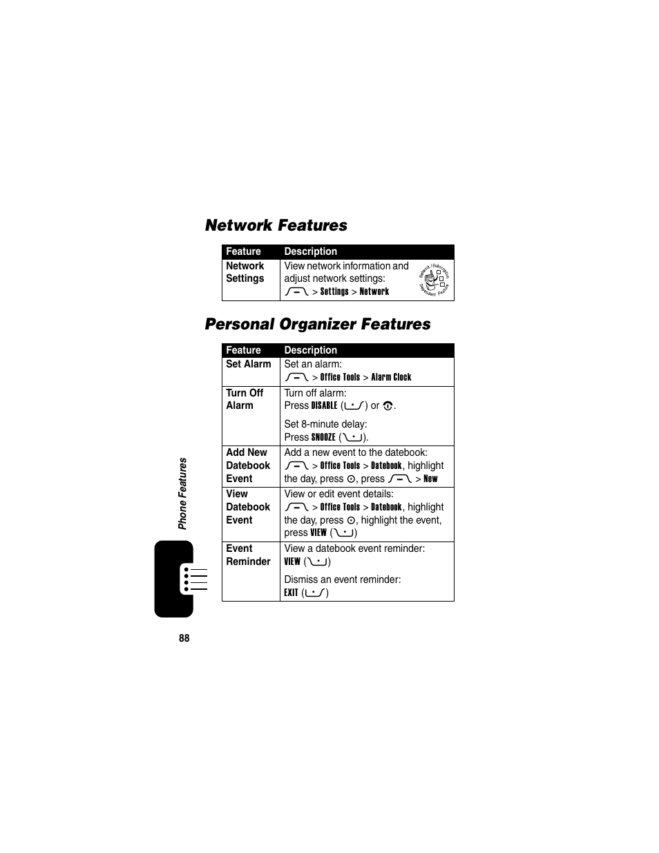 Network features, Personal organizer features, Network features personal organizer features | Motorola RAZR V3 User Manual | Page 90 / 110