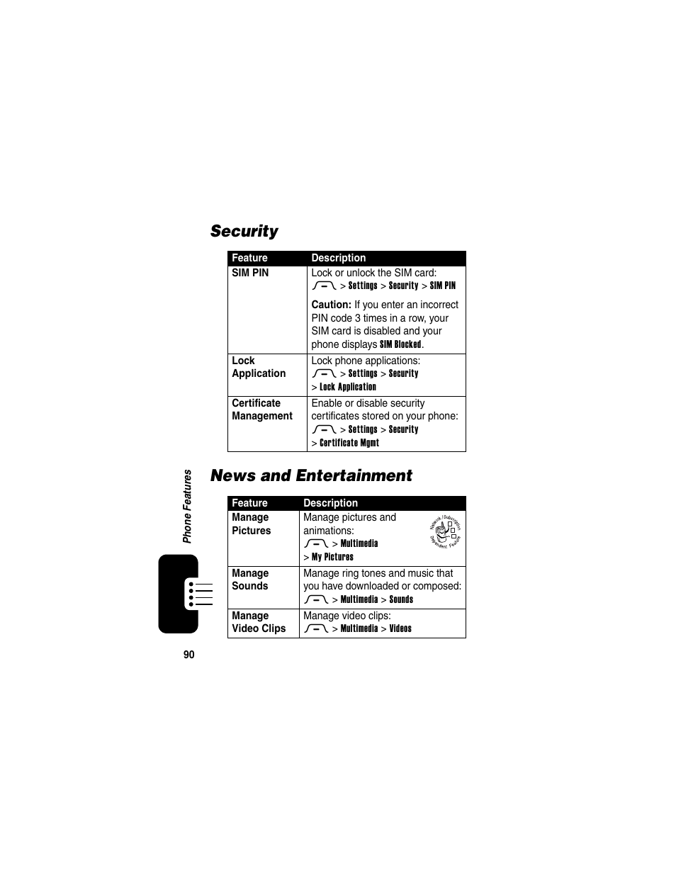 Security, News and entertainment, Security news and entertainment | Motorola RAZR V3 User Manual | Page 92 / 110