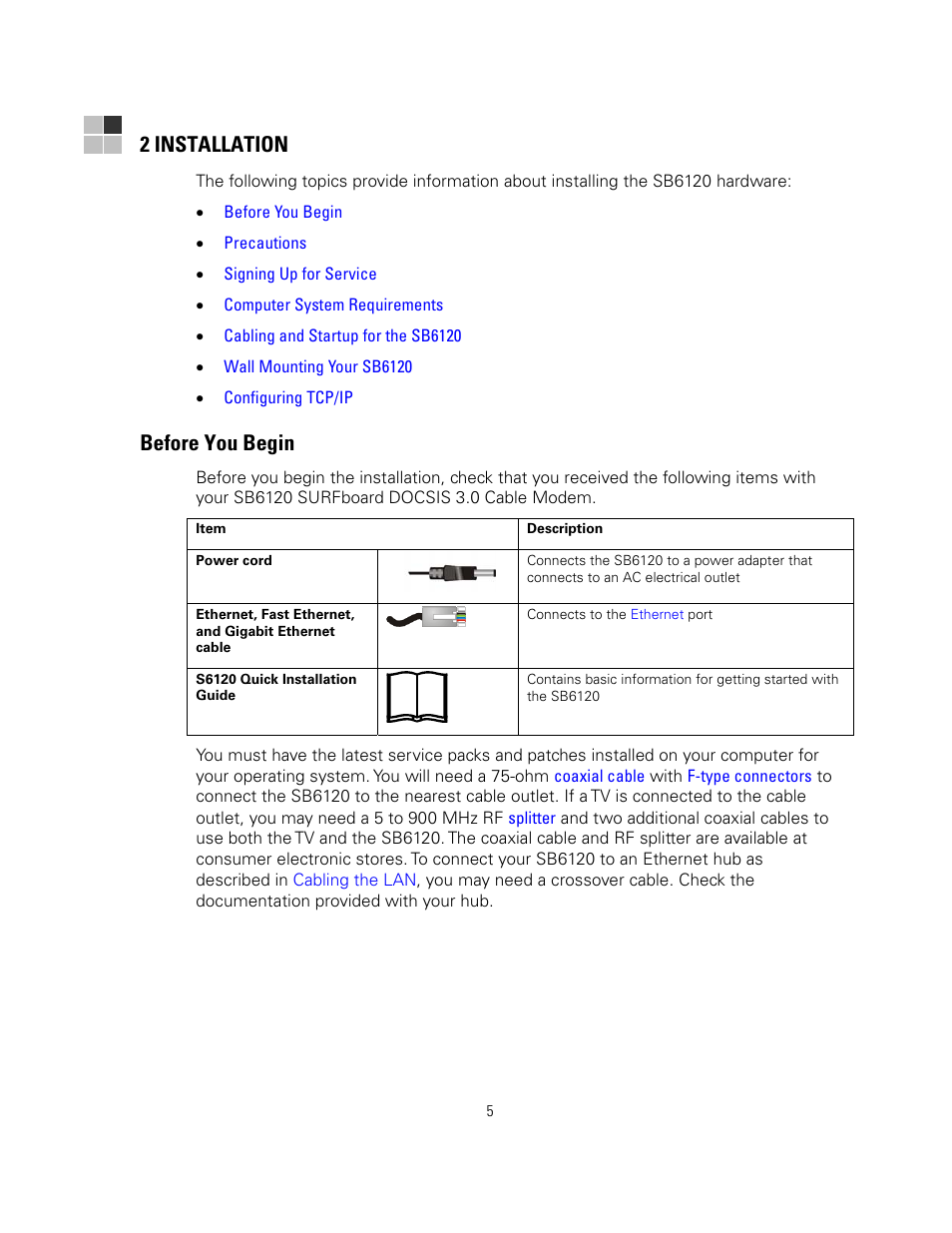 2 installation, Before you begin | Motorola sb6120 User Manual | Page 13 / 40