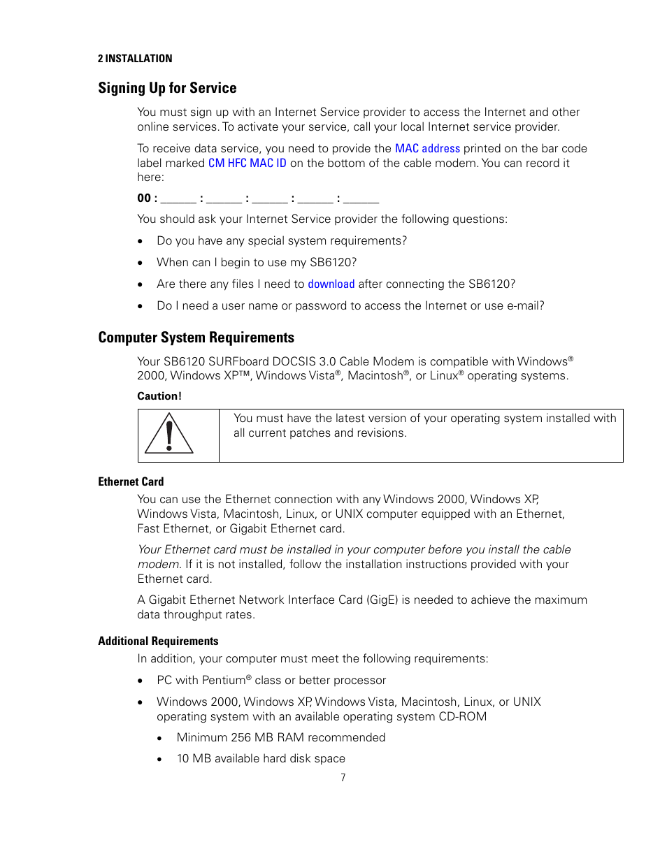 Signing up for service, Computer system requirements, Ethernet card | Additional requirements | Motorola sb6120 User Manual | Page 15 / 40