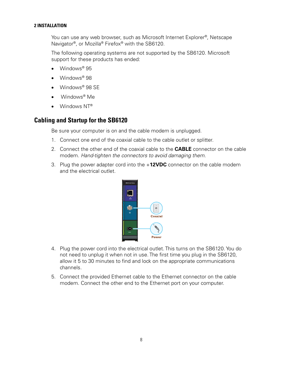 Cabling and startup for the sb6120 | Motorola sb6120 User Manual | Page 16 / 40