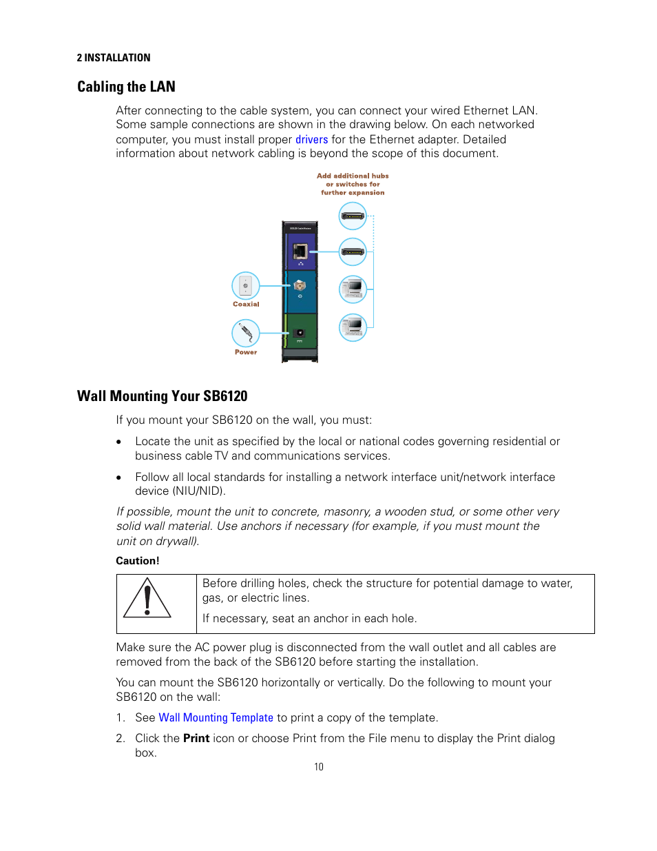 Cabling the lan, Wall mounting your sb6120 | Motorola sb6120 User Manual | Page 18 / 40