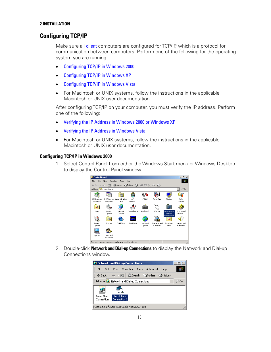 Configuring tcp/ip, Configuring tcp/ip in windows 2000 | Motorola sb6120 User Manual | Page 21 / 40