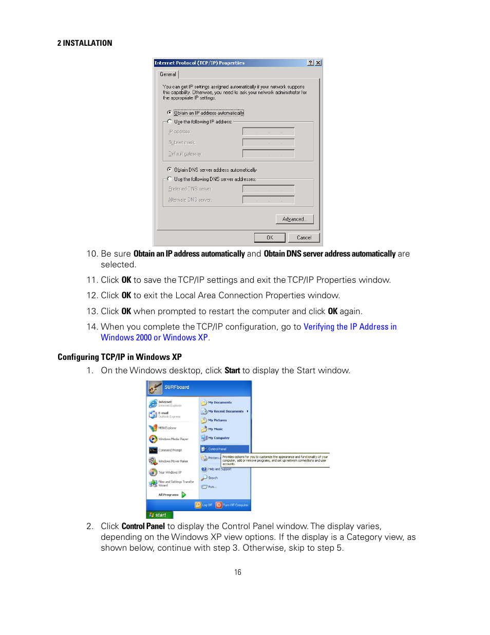 Configuring tcp/ip in windows xp | Motorola sb6120 User Manual | Page 24 / 40