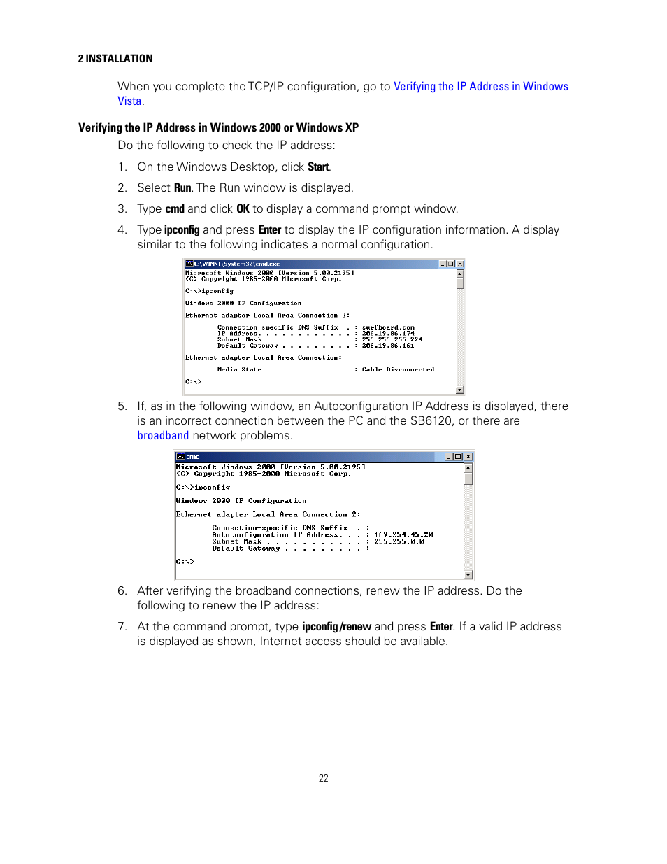 Verifying the ip address in, Windows 2000 or windows xp | Motorola sb6120 User Manual | Page 30 / 40