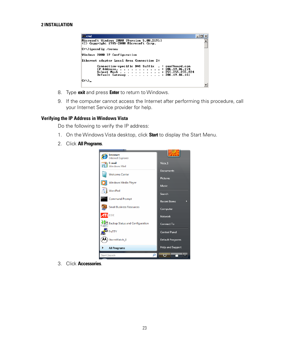 Verifying the ip address in windows vista, Verifying the ip address in windows, Vista | Motorola sb6120 User Manual | Page 31 / 40