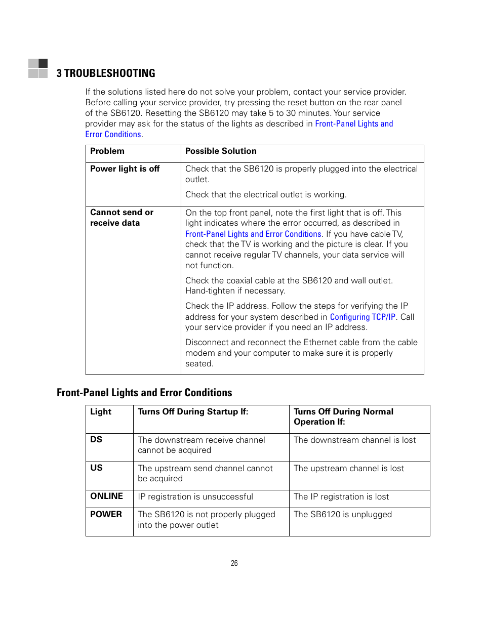 3 troubleshooting, Front-panel lights and error conditions | Motorola sb6120 User Manual | Page 34 / 40