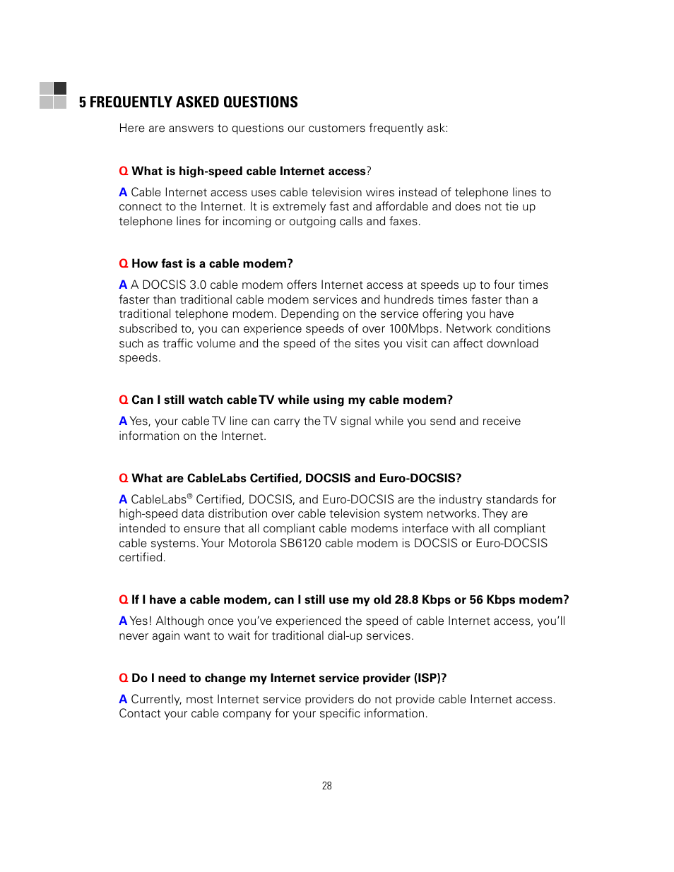 5 frequently asked questions | Motorola sb6120 User Manual | Page 36 / 40