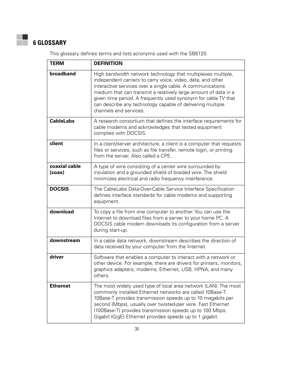 6 glossary, Ethernet, Adapter directly to the | Cont, Ill need a 75-ohm, Coaxial cable, D to, Download, All proper, Drivers | Motorola sb6120 User Manual | Page 38 / 40