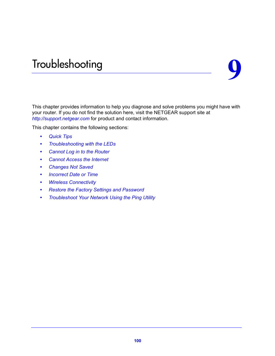 Troubleshooting, Chapter 9 troubleshooting, Chapter 9, troubleshooting | NETGEAR N600 Wireless Dual Band Router WNDR3400v2 User Manual | Page 100 / 120