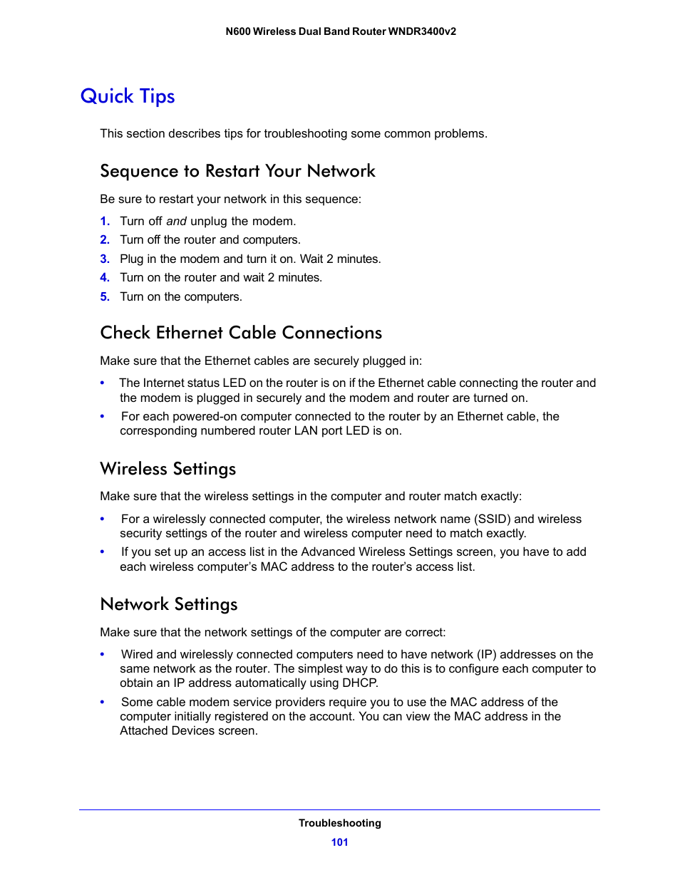 Sequence to restart your network, Check ethernet cable connections, Wireless settings | Network settings, Quick tips | NETGEAR N600 Wireless Dual Band Router WNDR3400v2 User Manual | Page 101 / 120