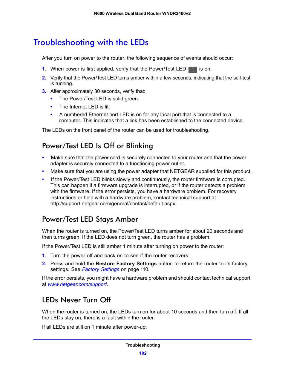 Troubleshooting with the leds, Power/test led is off or blinking, Power/test led stays amber | Leds never turn off | NETGEAR N600 Wireless Dual Band Router WNDR3400v2 User Manual | Page 102 / 120