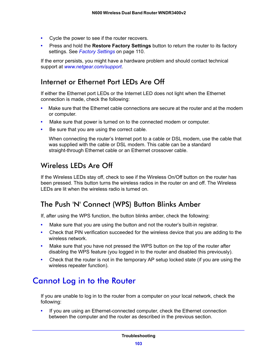 Internet or ethernet port leds are off, Wireless leds are off, The push 'n' connect (wps) button blinks amber | Cannot log in to the router | NETGEAR N600 Wireless Dual Band Router WNDR3400v2 User Manual | Page 103 / 120