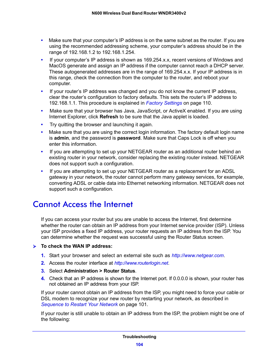 Cannot access the internet | NETGEAR N600 Wireless Dual Band Router WNDR3400v2 User Manual | Page 104 / 120