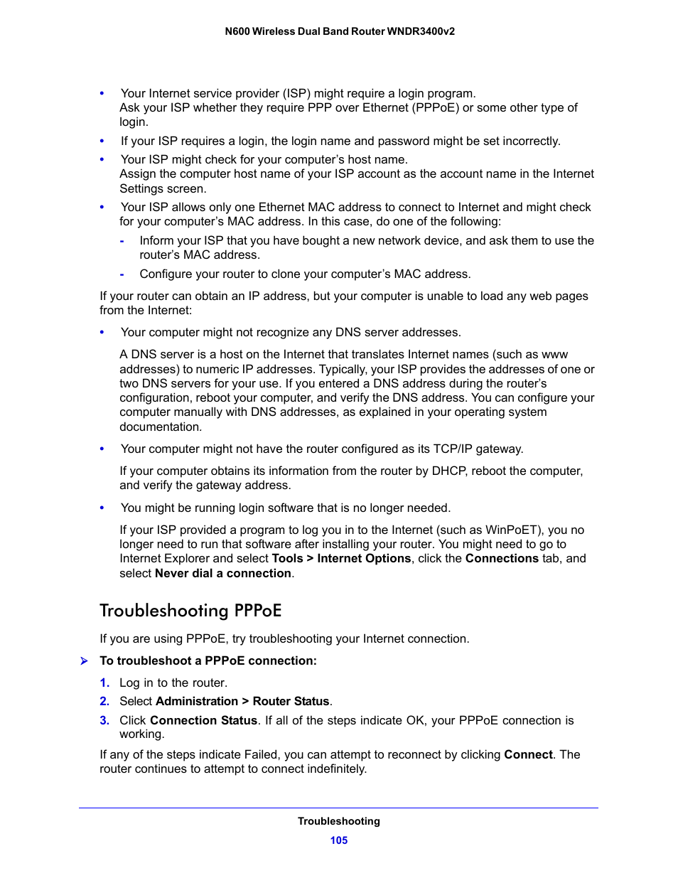 Troubleshooting pppoe | NETGEAR N600 Wireless Dual Band Router WNDR3400v2 User Manual | Page 105 / 120