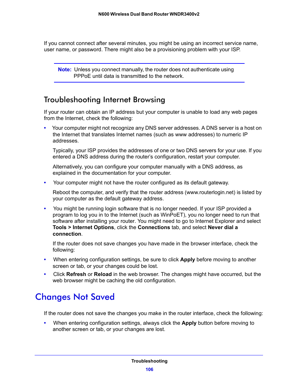 Troubleshooting internet browsing, Changes not saved | NETGEAR N600 Wireless Dual Band Router WNDR3400v2 User Manual | Page 106 / 120