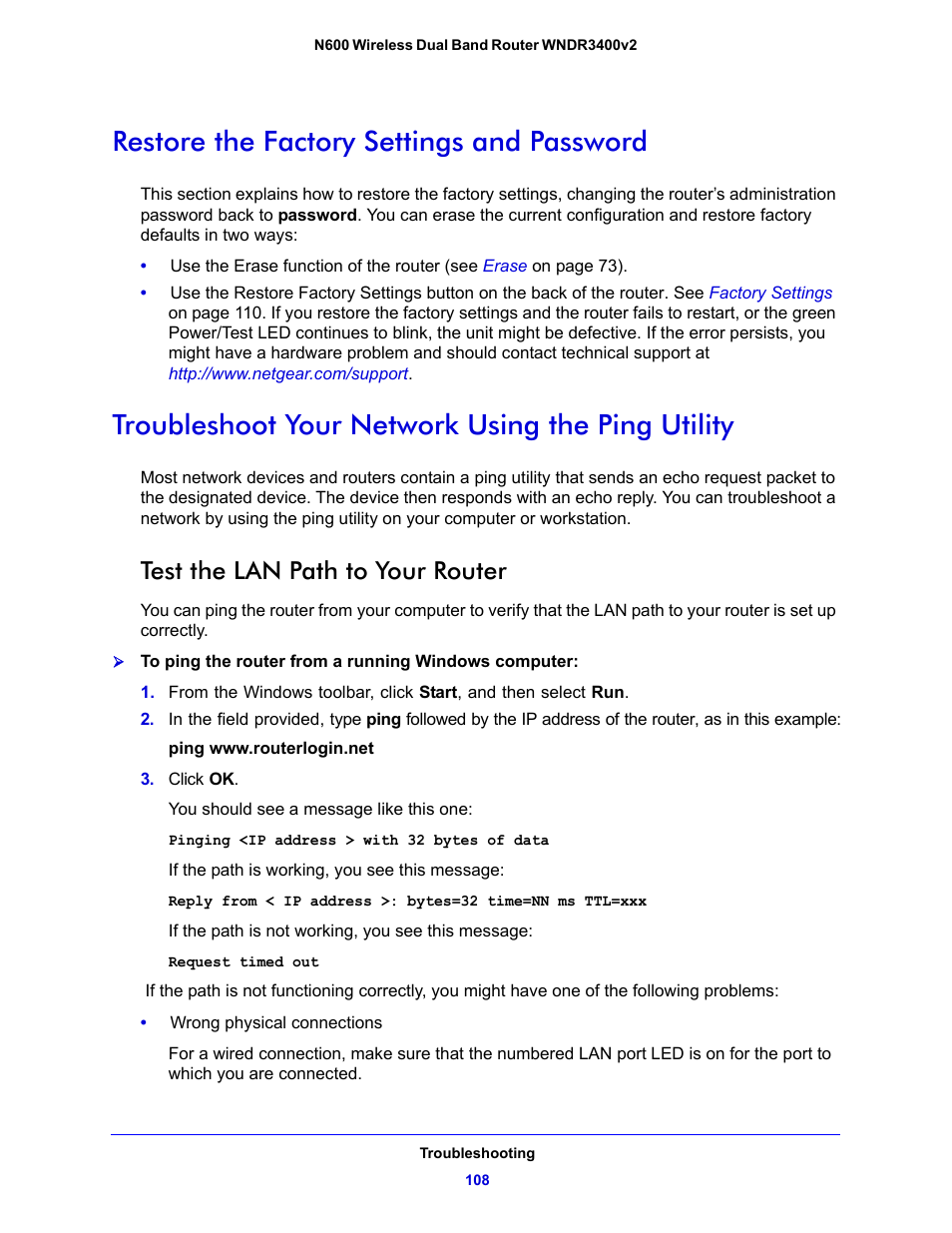 Restore the factory settings and password, Troubleshoot your network using the ping utility, Test the lan path to your router | NETGEAR N600 Wireless Dual Band Router WNDR3400v2 User Manual | Page 108 / 120