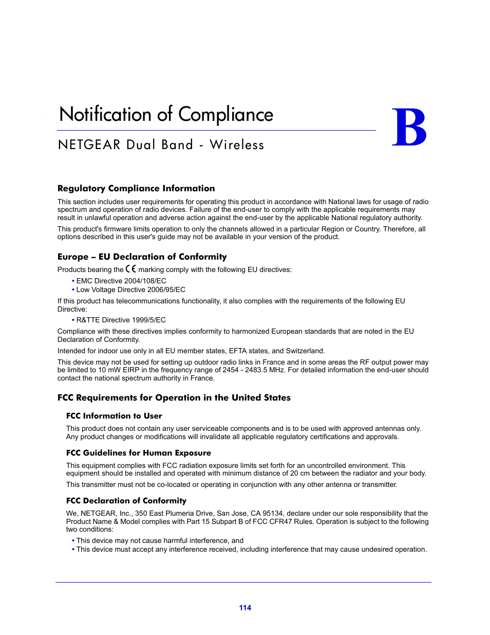 B. notification of compliance, Appendix b notification of compliance, Notification of compliance | Netgear dual band - wireless | NETGEAR N600 Wireless Dual Band Router WNDR3400v2 User Manual | Page 114 / 120