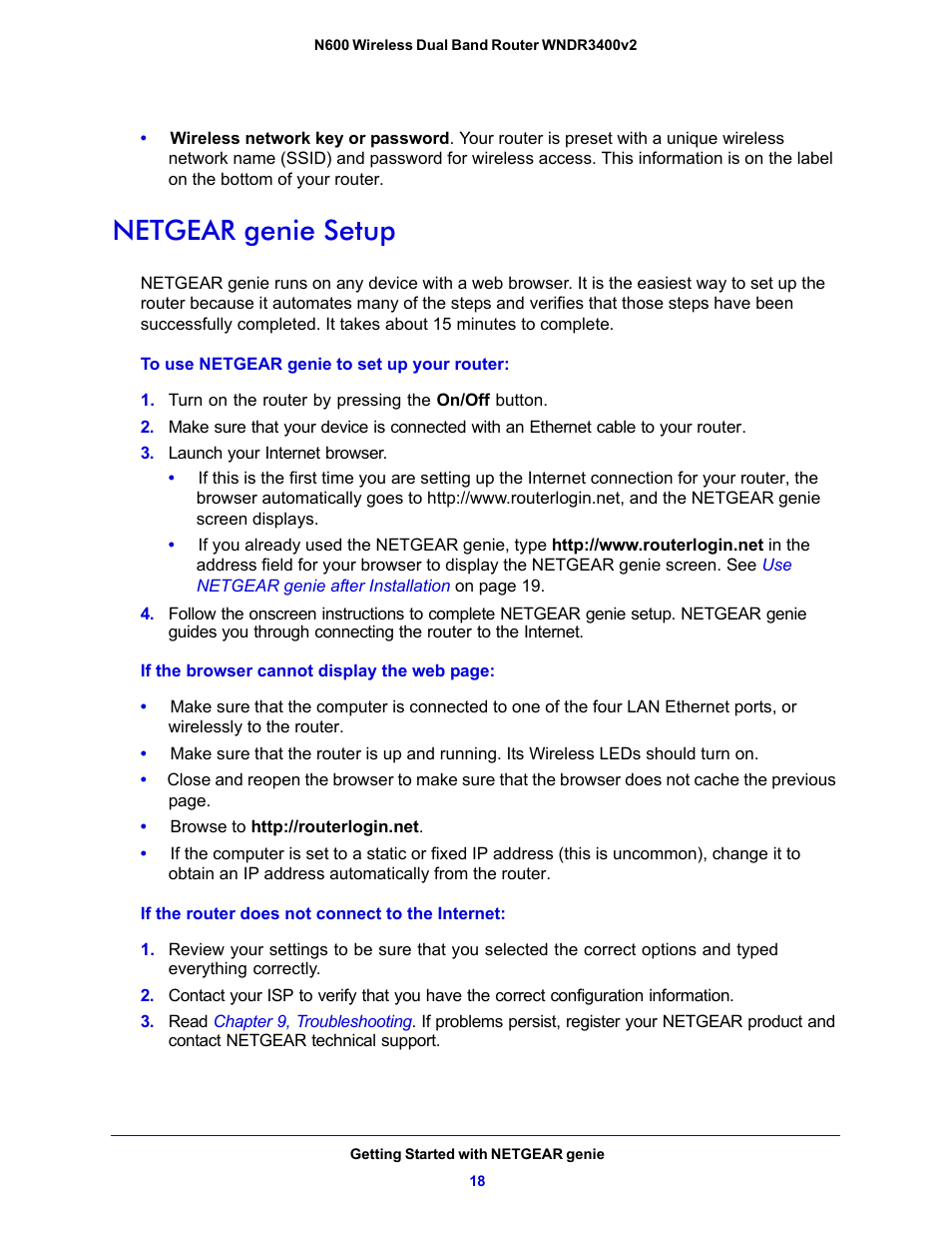 Netgear genie setup | NETGEAR N600 Wireless Dual Band Router WNDR3400v2 User Manual | Page 18 / 120