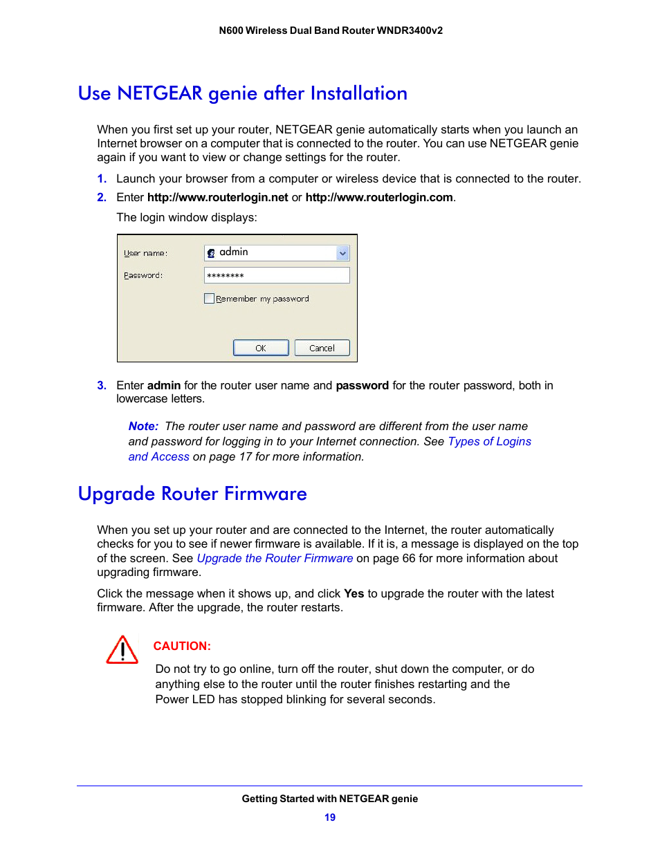 Use netgear genie after installation, Upgrade router firmware, Terface from netgear genie. see | Netgear genie after installation, En. see | NETGEAR N600 Wireless Dual Band Router WNDR3400v2 User Manual | Page 19 / 120